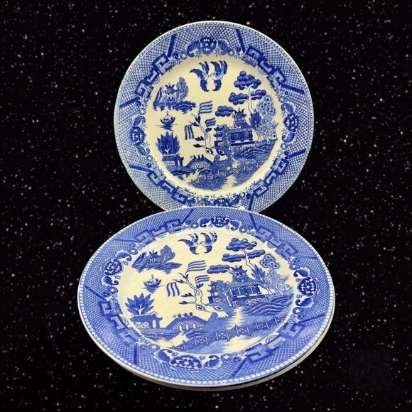 Vintage BLUE WILLOW Luncheon PLATE Set 3 Cobalt Blue Ceramic Japanese 9”W - Picture 9 of 10